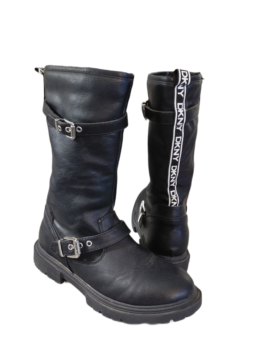 Vintage DKNY Black Leather Mid-Calf Moto Boots Size 5